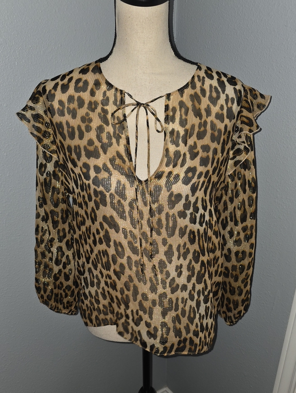 Alice + Olivia Silk Blend Leopard Print Tie-Neck Blouse in Tan and Black